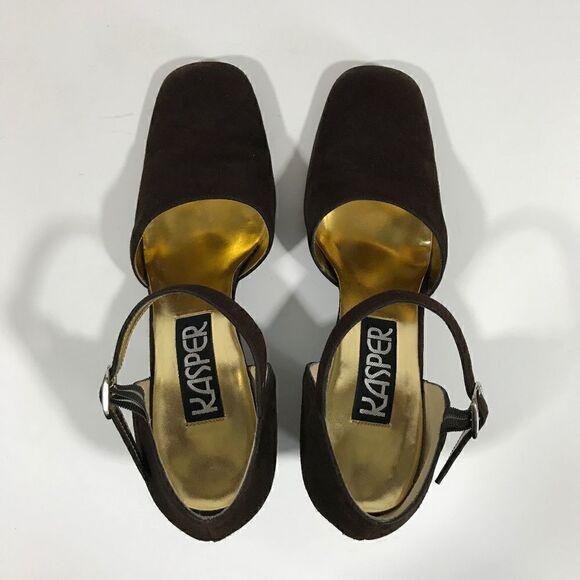 Vintage Kasper Brown Suede Oval Heel wAnkle Strap - Picture 6 of 7